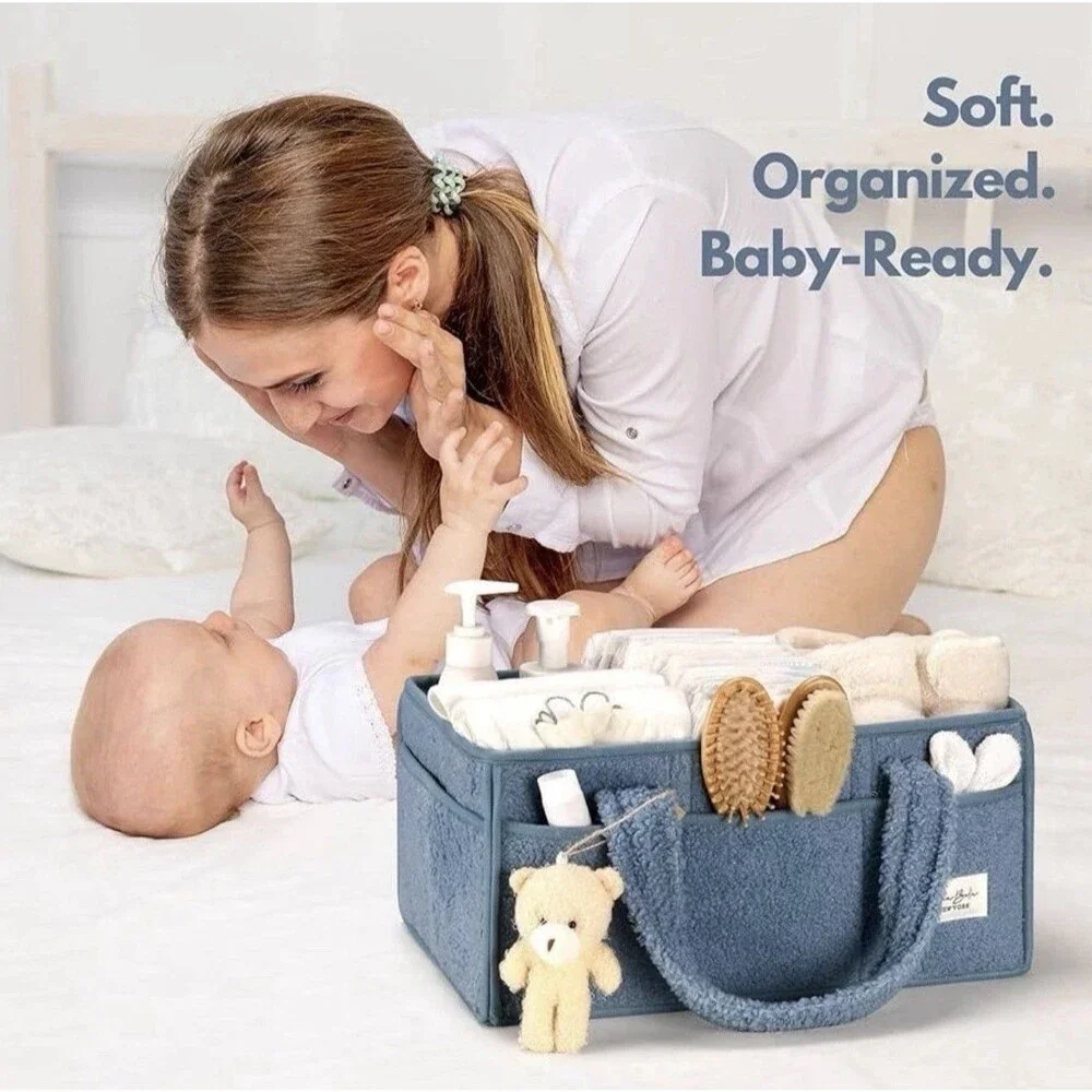 PeraBella Diaper Caddy Organizer Basket with Handle Blue Baby Nursery